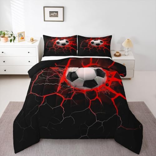 Erosebridal Flame Soccer Comforter Set for Kids Boys Girls Red Lightning Football Bedding 3D Soccer Ball Duvet Set Ball Sports Games Comforter King with 2 Pillowcases by Erosebridal