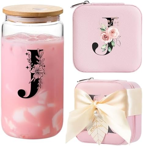 AYGXU Personalized gifts for bridesmaid,16oz glass cups with lid and straw,Jewelry Organizer,Graduation Travel Gifts for Women,Personalized Travel Mini Jewelry Case,Initial J pink by AYGXU