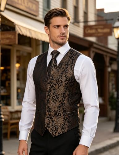 DiBanGu Mens Vest and Tie Set Formal Paisley Waistcoat and Necktie Pocket Square Cufflinks Silk Suit Vest for Tuxedo Wedding - Image 2