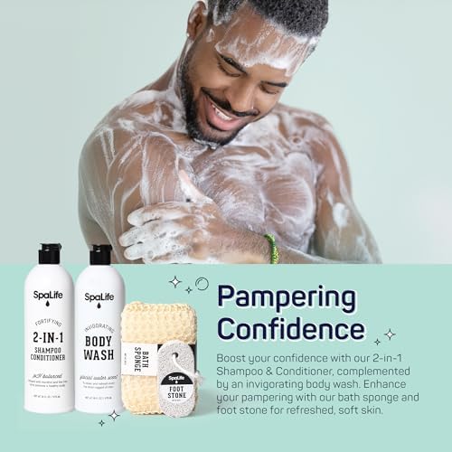 SpaLife 7-Piece Men's Body Care Gift Set | Mens Gift Set with 2-in-1 Shampoo & Conditioner, Body Wash, Moisturizer, Post-Shave Lotion, Sponge & Foot Stone | Gifts for Men | 7-Piece Bundle - Image 6