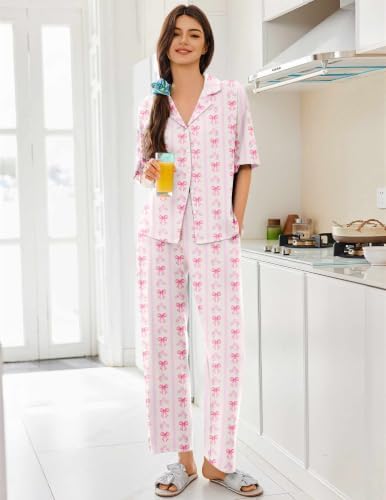 Ekouaer Women Pajamas Set Button Down Sleepwear Short Sleeve Pjs Long Pants - Image 3