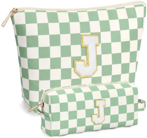 mibasies 2 PCS Initial Makeup Bags for Women: Cosmetic Bag for Travel Toiletry - Birthday Gifts for Teen Girl Gifts Trendy Stuff - Graduation Teacher Gift for Girlfriend -Checkered Green J by mibasies