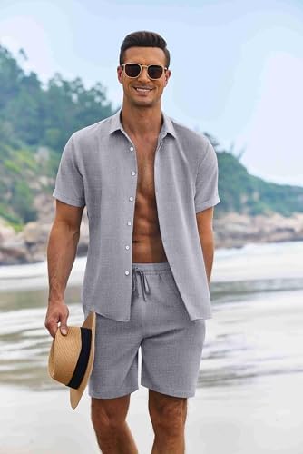 COOFANDY Men's Summer Beach Outfits 2 Piece Short Sleeve Shirts and Shorts Vacation Texture Linen Sets for Men - Image 2