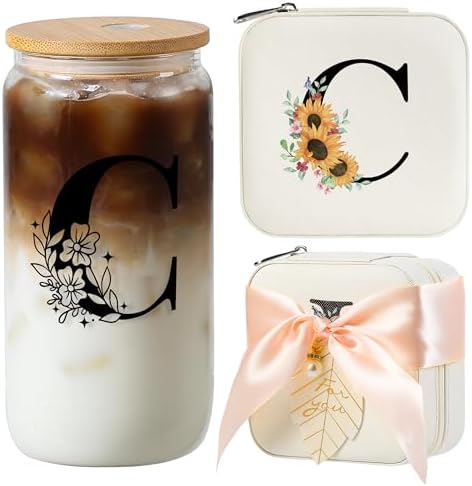 AYGXU Bridesmaid Gifts for Wedding Day,Bridesmaid Proposal Gifts,galentines day gifts,Drinking glass with Bamboo Lids and Straw,Jewelry Organizer,Travel Essentials Small Jewelry Box,Initial C white by AYGXU