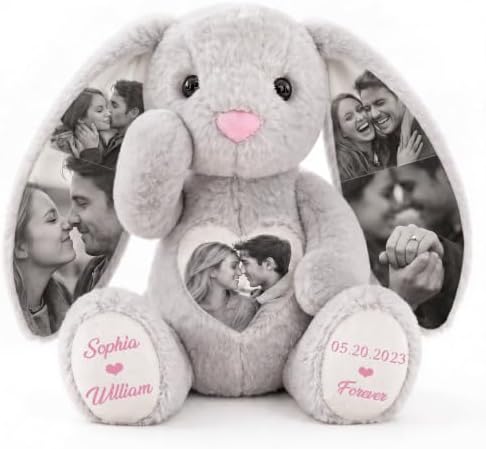 Custom Bunny Stuffed Animal with Photos, Personalized Wedding Photo Bunny Plush, Christmas Wedding Anniversary Birthday Gifts for Boyfriend Girlfriend by Individz