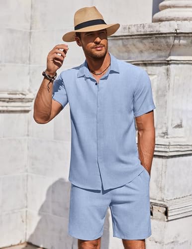 COOFANDY Men's Summer Beach Outfits 2 Piece Short Sleeve Shirts and Shorts Vacation Texture Linen Sets for Men - Image 6