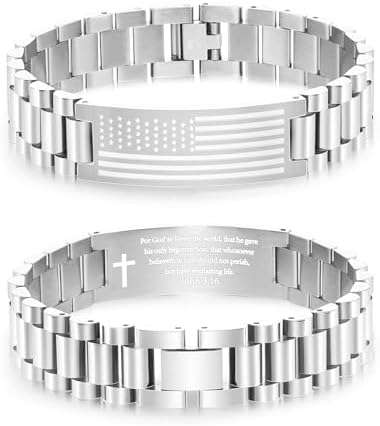 P. BLAKE American Flag Bible Verse Bracelet for Men, Stainless Steel Engraved Scripture Bracelet Christian Religious Christmas Birthday Jewelry Gifts by PBLAKE