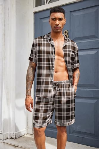 Ekouaer Mens Silk Satin Pajamas Set Short Sleeve Button Up Lounge Pjs Set - Image 3