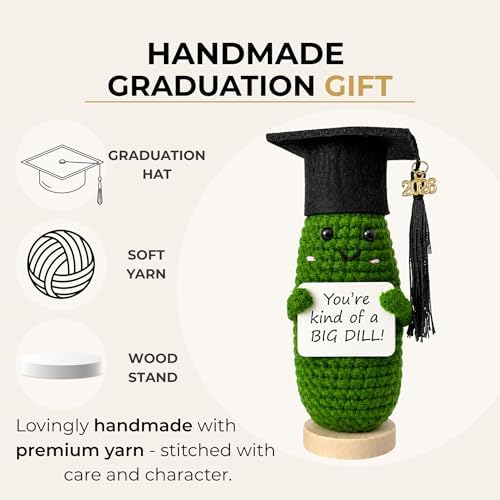 Graduation Gifts 2026 for Her & Him, Funny Handmade Crochet Graduation Pickle with Cap, 2026 Charm & Wooden Stand, Cute Class of 2026 Senior Gift for High School College Grad, Big Dill Congrats Gift - Image 2