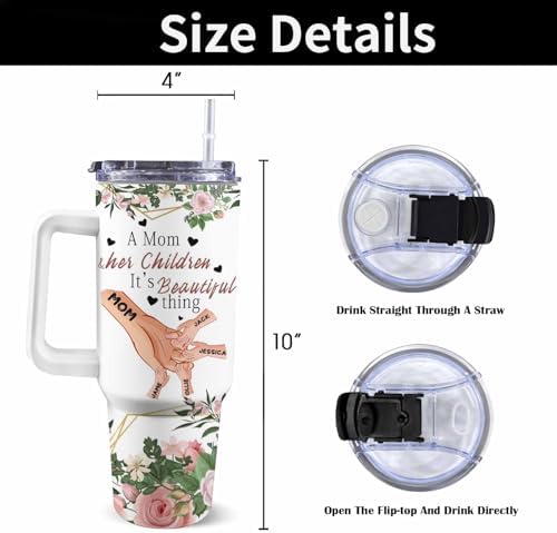 Gifts for Mom from Daughter Son, Personalized Mama Bear Tumbler with Handle and Straw, Custom Mom Coffee Tumbler with Kids Names, Personalized Mothers Day Gift for Women, Her, New Mom, Grandma - Image 3