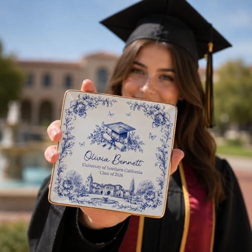 Wrappiness Personalized Graduation Trinket Tray for Girl Women - Toile de Jouy Custom College High School Ring Dish Grad Gift for Daughter, Class of 2026 Graduation Gift for Her Ceramic Jewelry Dish - Image 2