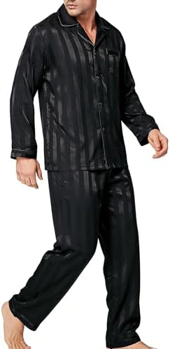 SWOMOG Mens Silk Satin Pajamas Set Long Sleeve Sleepwear Button-Down Pj Two-piece Loungewear with Long Pants S-XXL by SWOMOG