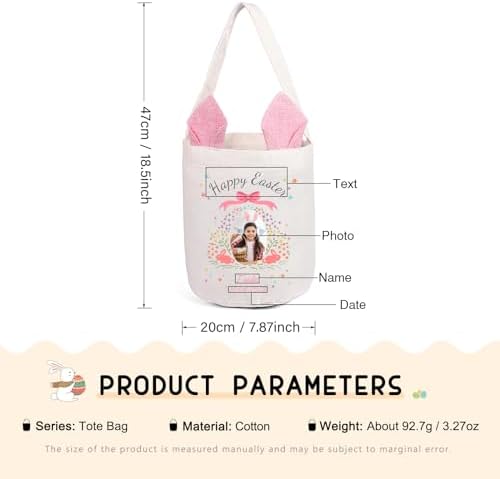 Personalized Bunny Ears Bucket Bag with Custom Name Photo-Easter Bag with Handle-Soft Egg Basket for Kids -Customized Easter Basket-Great for Carrying Gift Easter Eggs (Pink-Photo) - Image 2