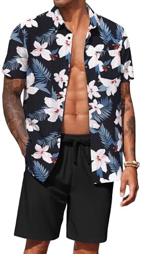 COOFANDY Men's Hawaiian 2 Piece Outfits Floral Button Down Shirt and Shorts Vacation Outfits Summer Beach Matching Set by COOFANDY