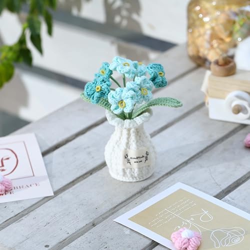 Crochet Flower Pot Forget-me-not Valentines Day Gift for Women Him Her Boyfriend Girlfriend Lover Husband Couples Wife Coworker Birthday Wedding Knitted Blue Plant Cute Office Desk Decor - Image 2