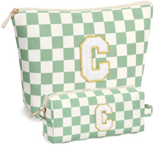 mibasies 2 PCS Initial Makeup Bags for Women: Cosmetic Bag for Travel Toiletry - Birthday Gifts for Teen Girl Gifts Trendy Stuff - Graduation Teacher Gift for Girlfriend -Checkered Green C by mibasies
