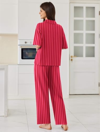 Ekouaer Women Pajamas Set Button Down Sleepwear Short Sleeve Pjs Long Pants - Image 2