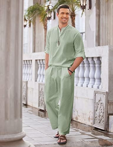 COOFANDY Men’s 2 Piece Cotton Linen Set Casual Beach Outfits Long Sleeve - Image 3