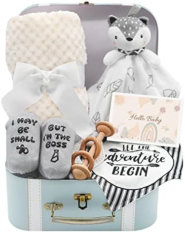 Baby Shower Gifts, Baby Boy Gifts Basket Includes Newborn Blanket Baby Lovey Security Blanket Wooden Rattle Toy, Funny Baby Bibs Socks & Greeting Card - Baby Gift Set Newborn Shower Basket by FvntueyKidToys