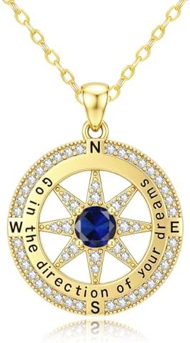 Compass Necklaces for Women, 14K Gold Anniversary Birthday Gifts for Wife Girlfriend Her, Inspirational Graduation Jewelry Gift with 1 Birthstone ‘Go in the direction of your dreams’ by SilvecFantasy