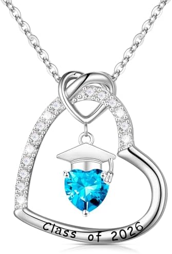 Turandoss 2026 Graduation Gifts - S925 Sterling Silver Heart Pendant Birthstone Graduation Cap Necklace Class of 2026 College High School Masters Degree Inspirational Gifts for Women by TurandossJewelry