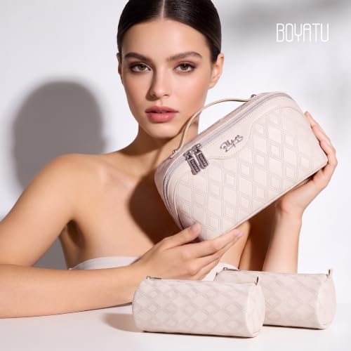BOYATU Travel Makeup Bag Organizer: 3 Pcs Cosmetic Bag Set for Women Beige - Image 5