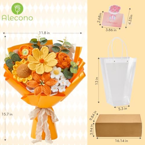 Alecono Crochet Flower Bouquet, Orange Handmade Sunflower Lily Floral - Image 2