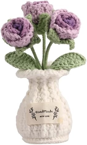 Crochet Rose Flower Potted Plant – Purple, Valentines Day Gift for Her, Handmade Knitted Romantic Desk Decor by YOOJEE