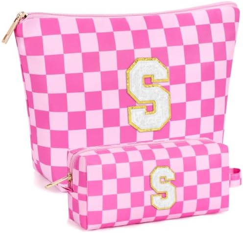 mibasies 2 PCS Initial Makeup Bags for Women: Cosmetic Bag for Travel Toiletry - Birthday Gifts for Teen Girl Gifts Trendy Stuff - Graduation Teacher Gift for Girlfriend -Checkered Rose Red S by mibasies