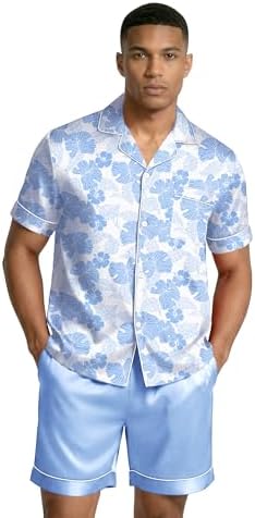 Ekouaer Mens Silk Satin Pajamas Set Short Sleeve Button Up Lounge Pjs Set - Image 2