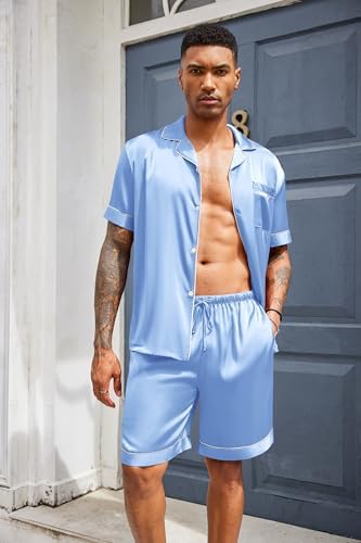 Ekouaer Mens Silk Satin Pajamas Set Short Sleeve Button Up Lounge Pjs Set - Image 4