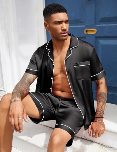 Ekouaer Mens Silk Satin Pajamas Set Short Sleeve Button Up Lounge Pjs Set - Image 5