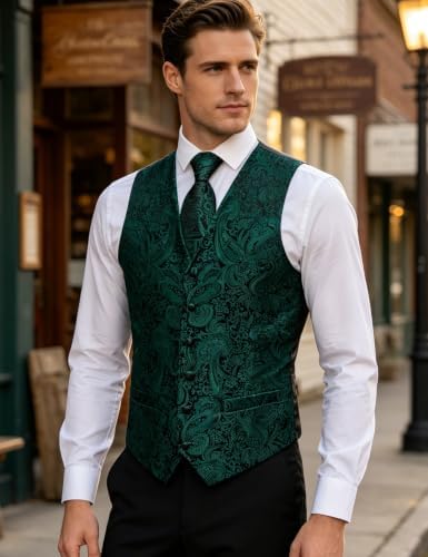 DiBanGu Mens Vest and Tie Set Formal Paisley Waistcoat and Necktie Pocket Square Cufflinks Silk Suit Vest for Tuxedo Wedding - Image 2