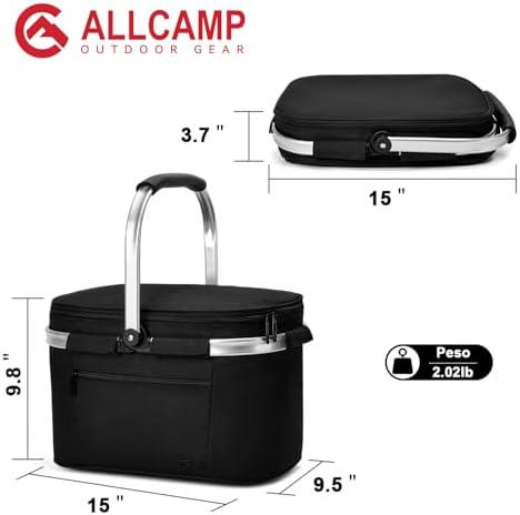 ALLCAMP Picnic Basket, 22L Insulated Cooler Foldable, Thick, Black - Image 2
