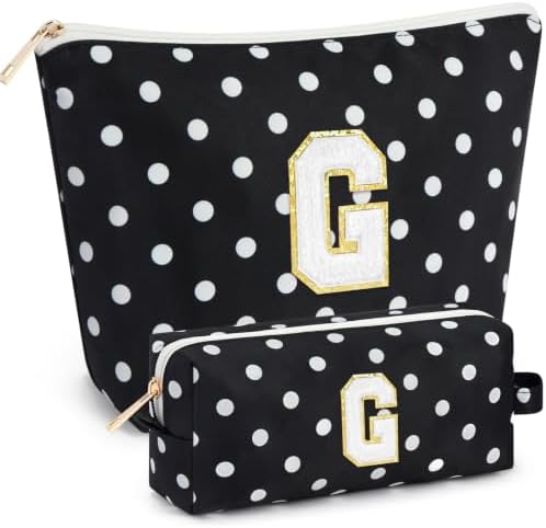 mibasies 2 PCS Initial Makeup Bags for Women: Cosmetic Bag for Travel Toiletry - Birthday Gifts for Teen Girl Gifts Trendy Stuff - Graduation Teacher Gift for Girlfriend -Polka Dot Black G by mibasies