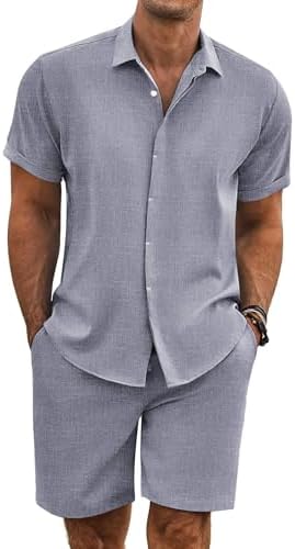 COOFANDY Men's Summer Beach Outfits 2 Piece Short Sleeve Shirts and Shorts Vacation Texture Linen Sets for Men by COOFANDY