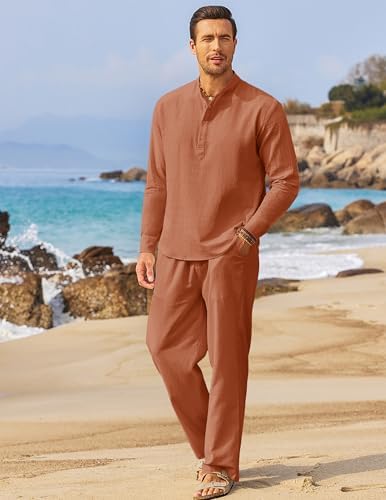 COOFANDY Men’s 2 Piece Cotton Linen Set Casual Beach Outfits Long Sleeve - Image 6