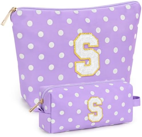 mibasies 2 PCS Initial Makeup Bags for Women: Cosmetic Bag for Travel Toiletry - Birthday Gifts for Teen Girl Gifts Trendy Stuff - Graduation Teacher Gift for Girlfriend -Polka Dot Purple S by mibasies