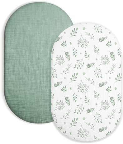 Muslin Bassinet Sheets 2 Pack, 33" x 17", (Fern Leaf & Sage) by Meowcards