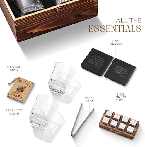 Mixology & Craft Whiskey Stones Gift Set – Includes Two 10oz Crystal Whiskey Glasses, 8 Granite Chilling Rocks, Slate Coasters, Metal Tongs, Cocktail Recipe Cards, Elegant Wooden Storage Box - Image 2
