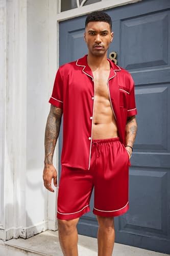 Ekouaer Mens Silk Satin Pajamas Set Short Sleeve Button Up Lounge Pjs Set - Image 3