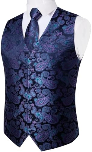 DiBanGu Mens Vest and Tie Set Formal Paisley Waistcoat and Necktie Pocket Square Cufflinks Silk Suit Vest for Tuxedo Wedding - Image 3