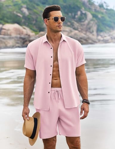 COOFANDY Men's Summer Beach Outfits 2 Piece Short Sleeve Shirts and Shorts Vacation Texture Linen Sets for Men - Image 2