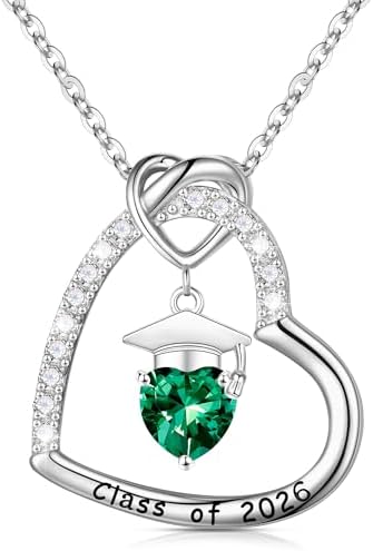 Turandoss 2026 Graduation Gifts - S925 Sterling Silver Heart Pendant Birthstone Graduation Cap Necklace Class of 2026 College High School Masters Degree Inspirational Gifts for Women by TurandossJewelry