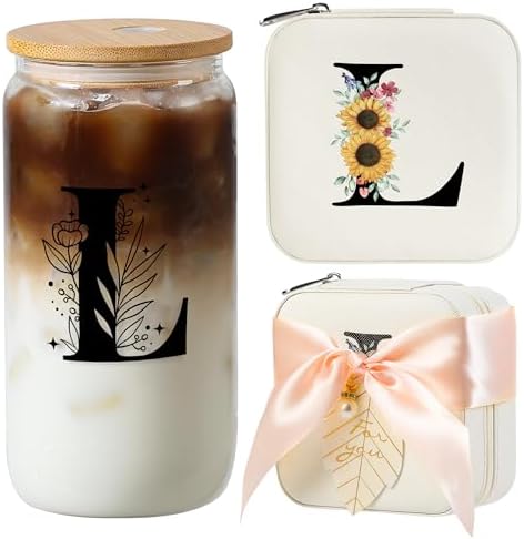 AYGXU teacher appreciation gifts,glass cups with lids and straws,bridesmaid proposal gift,Birthday gift for women,Teacher graduation gifts,Initial L white by AYGXU