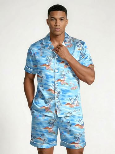 Ekouaer Mens Silk Satin Pajamas Set Short Sleeve Button Up Lounge Pjs Set - Image 4