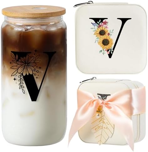 AYGXU Initial glass cups with lids and straws,Small Jewelry Box for Girls,Small Jewelry Organizer Box,Cute Tumbler Cup,Travel Gifts for Women,Travel Essentials, Initial V white by AYGXU