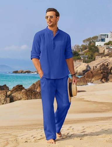 COOFANDY Men’s 2 Piece Cotton Linen Set Casual Beach Outfits Long Sleeve - Image 4