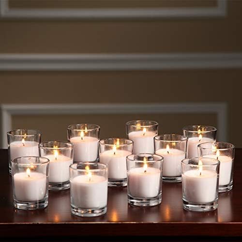 48 Pack White Unscented Clear Glass Filled Votive Candles. Hand Poured Wax Candle Ideal Gifts for Home Décor Parties Weddings Holidays and Meditation (White)