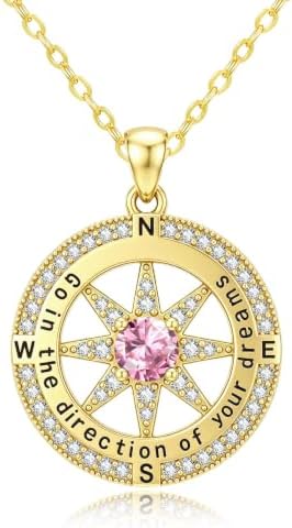 Compass Necklaces for Women, 14K Gold Anniversary Birthday Gifts for Wife Girlfriend Her, Inspirational Graduation Jewelry Gift with 1 Birthstone ‘Go in the direction of your dreams’ by SilvecFantasy